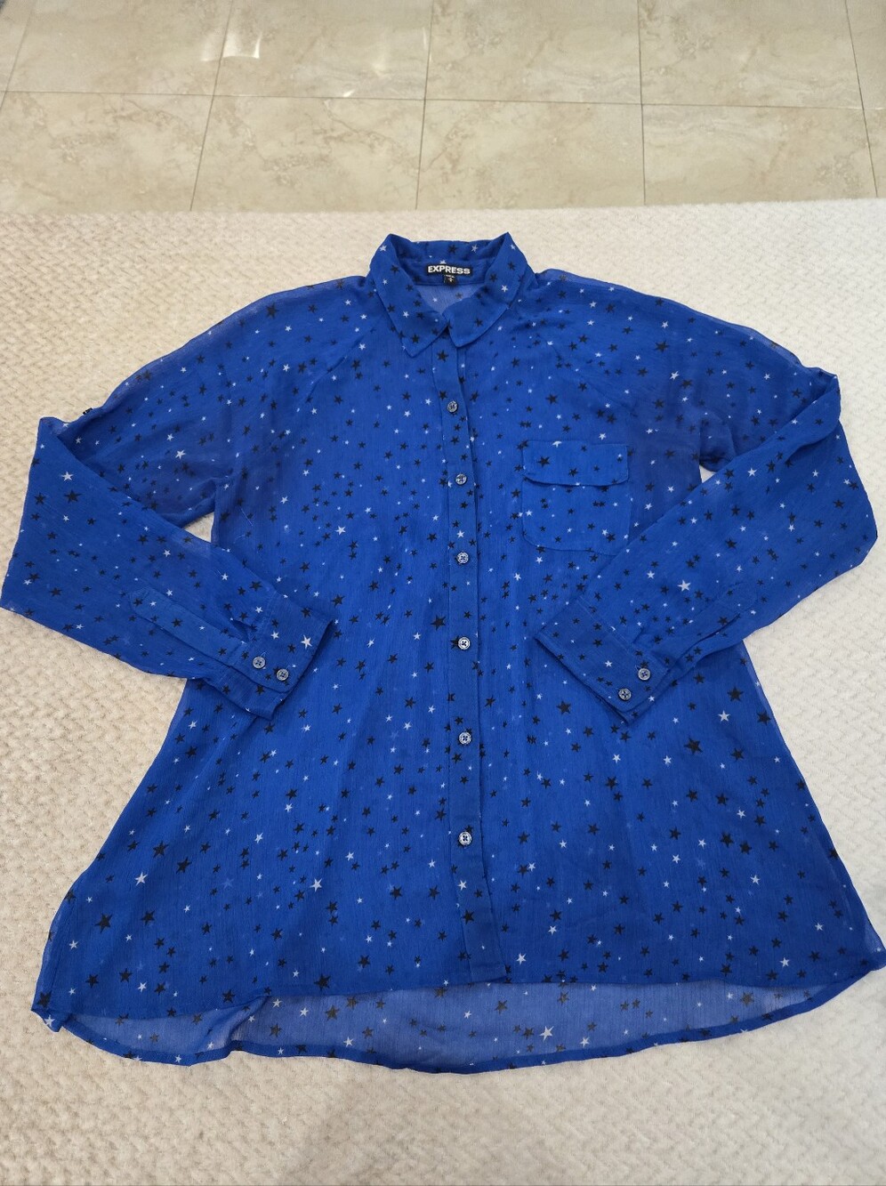 Express Blue Sheer Star Print Blouse Boho Chic Y2K Festival Top M - Picture 3 of 9